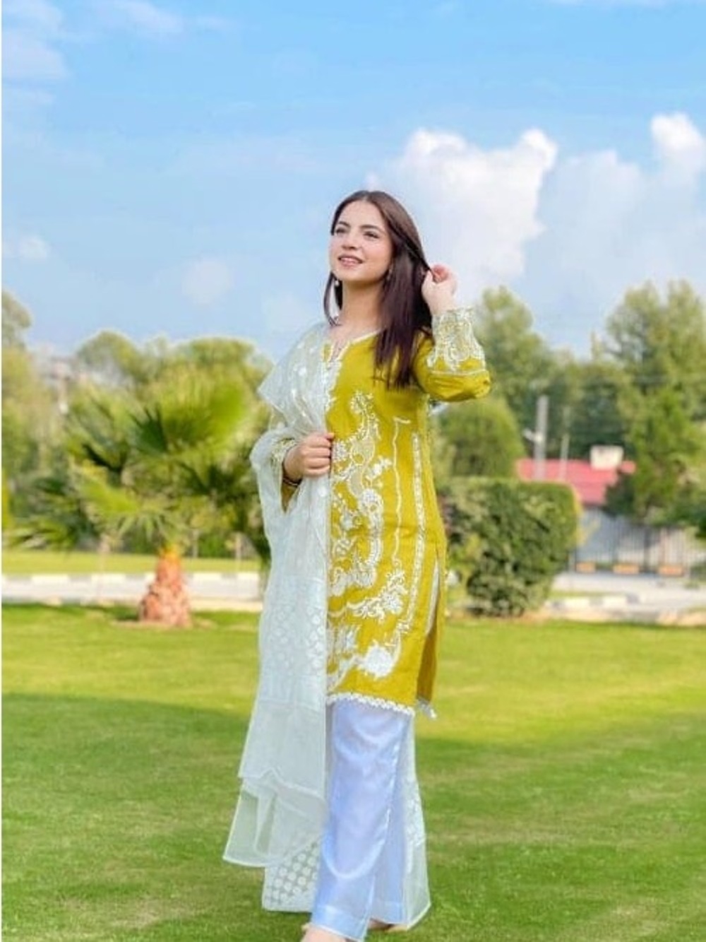 Embroidered Mustard Green & White Lawn Kurta
